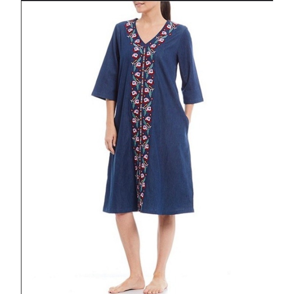 NWT Go Softly MED Patio Dress Kaftan Denim Embroidered Poppy Floral #95827